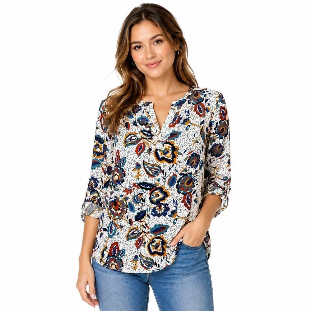 Maurices Floral Roll Tab Blouse L